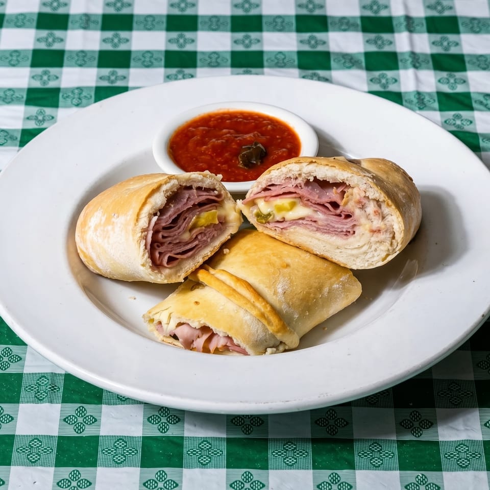 Three stromboli, two cut open to show ham and cheese, with a side of marinara sauce.