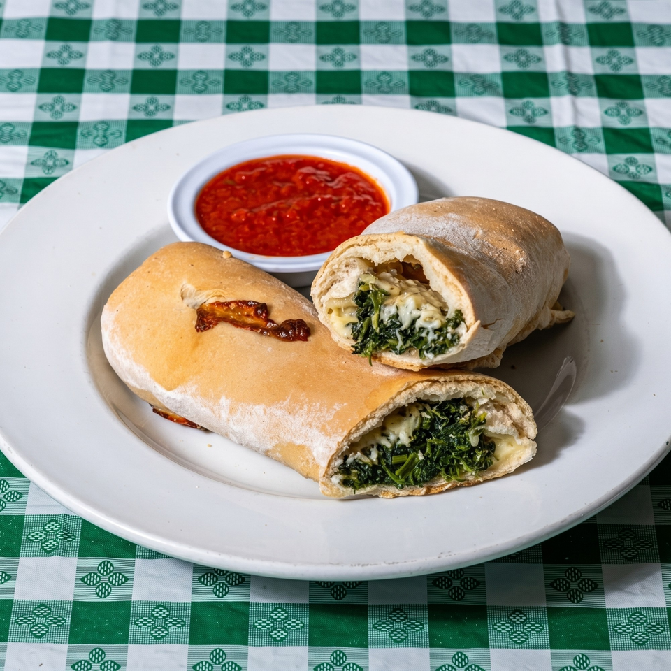 Two spinach and cheese strombolis, one cut open, with a side of marinara sauce on a white plate.