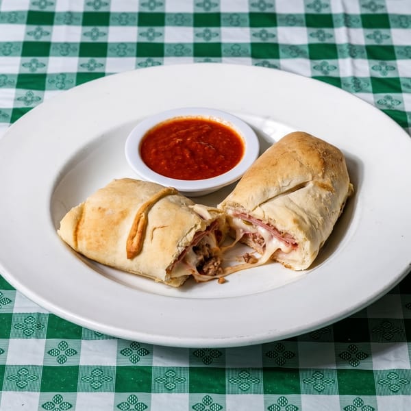 Two calzones, one with meat and cheese, the other with ham and cheese, served with marinara sauce.