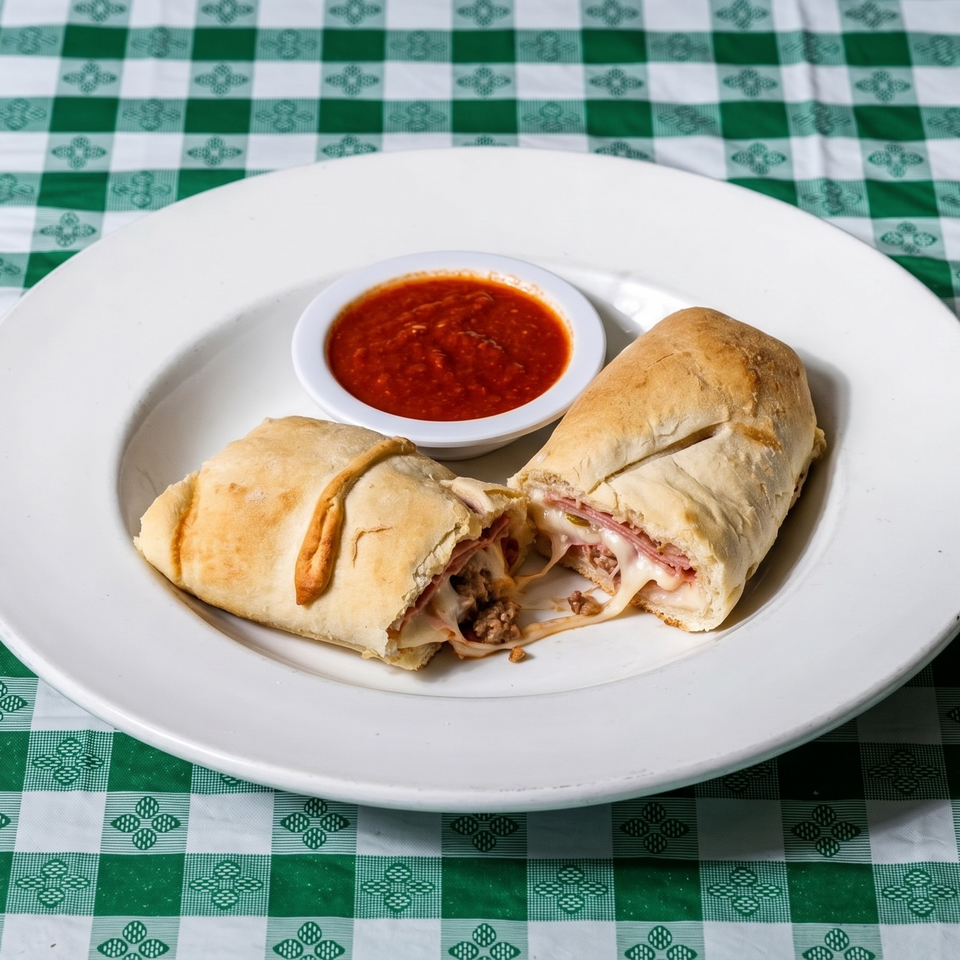 Two calzones, one with meat and cheese, the other with ham and cheese, served with marinara sauce.