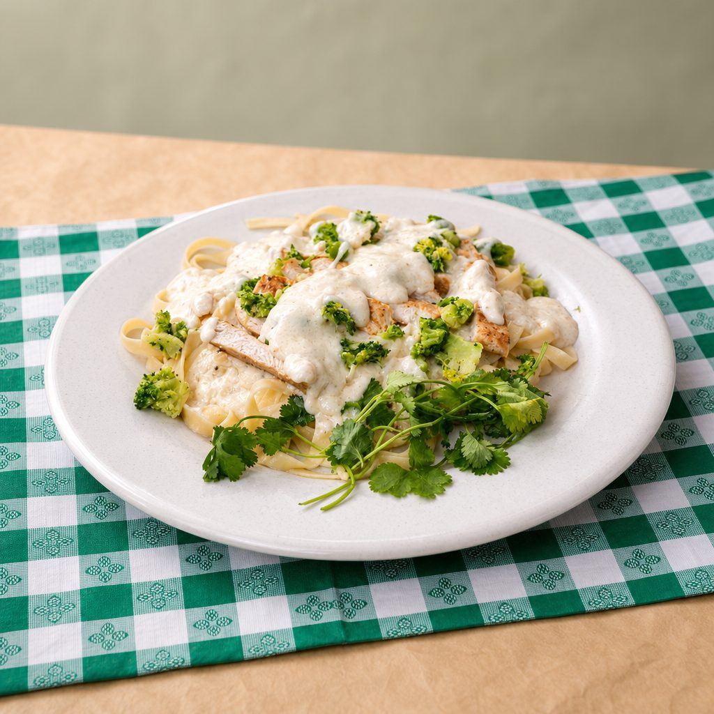 Grilled Chicken Alfredo with Broccoli.