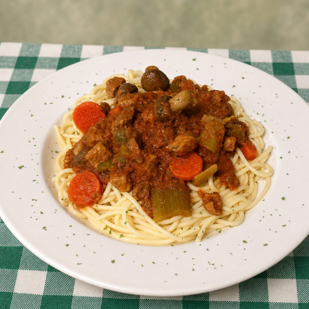 Veal Scallopini Over Spaghetti.