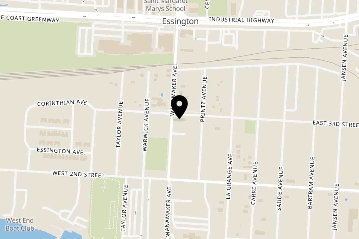 Map showing the location of Romano's Pizzeria & Italian Restaurant on 246 Wanamaker Ave in Essington